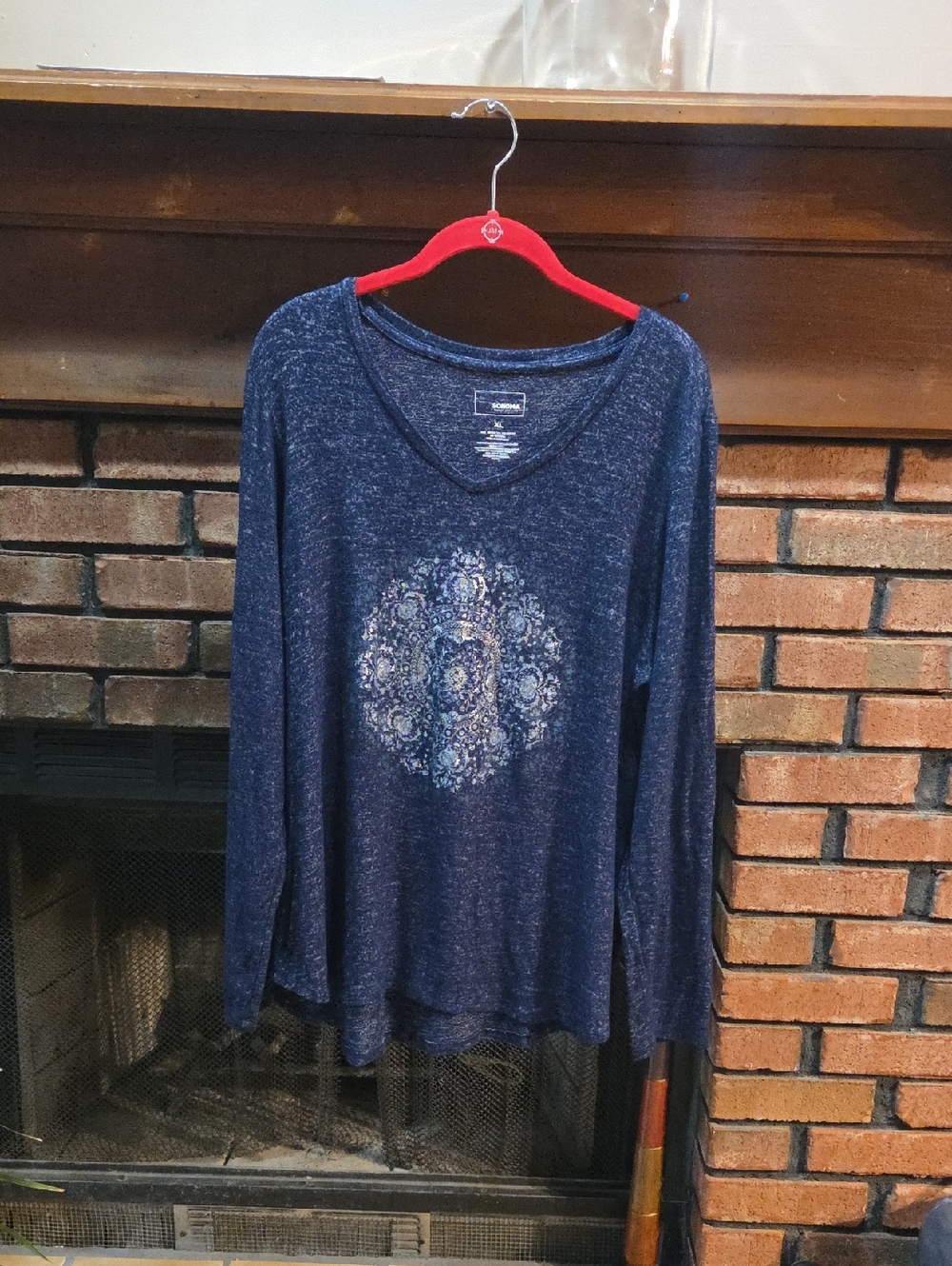 Sonoma Navy Blue Long Sleeve V-Neck Top with Center Medallion